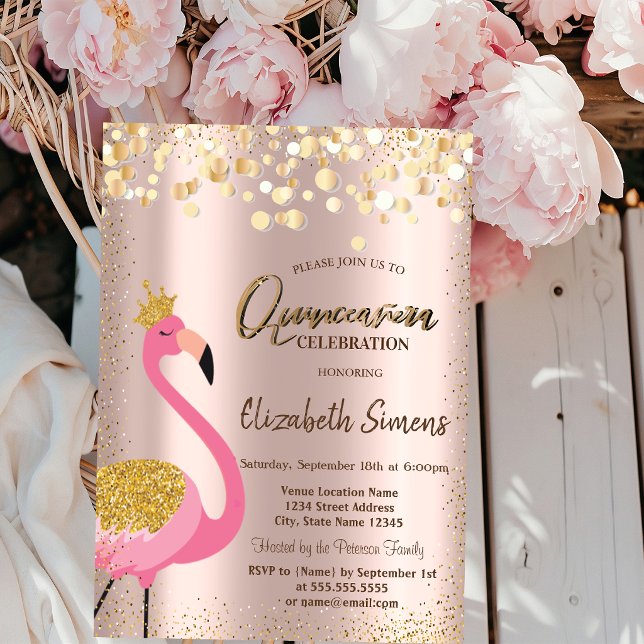 Convite Confete Dourado Flamingo Rosa Dourado Quinceañera (Criador carregado)