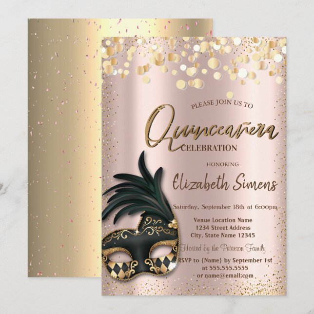 Convite Confete Dourado Máscara Rosa Dourado Quinceañera (Frente/Verso)