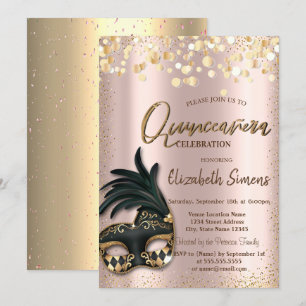 Convite Confete Dourado Máscara Rosa Dourado Quinceañera