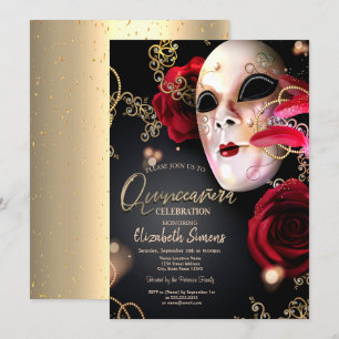 Convite Confete Dourado Máscara Rosas Vermelhas Quinceañer