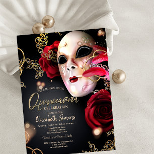 Convite Confete Dourado Máscara Rosas Vermelhas Quinceañer