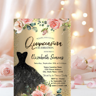 Convite Confete Dourado,Rosas Vestido Preto Quinceañera