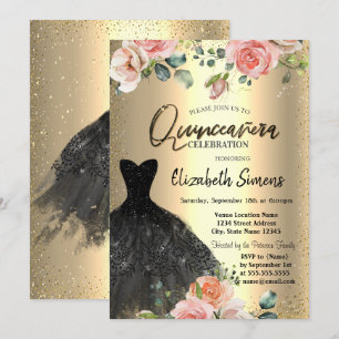 Convite Confete Dourado,Rosas Vestido Preto Quinceañera 