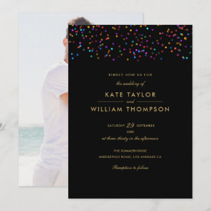 Convite Confetes Arco-íris Preto e Dourado Foto Casamento