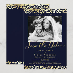 Convite Confetes Azul e Dourado Foto Casamento Save the Da