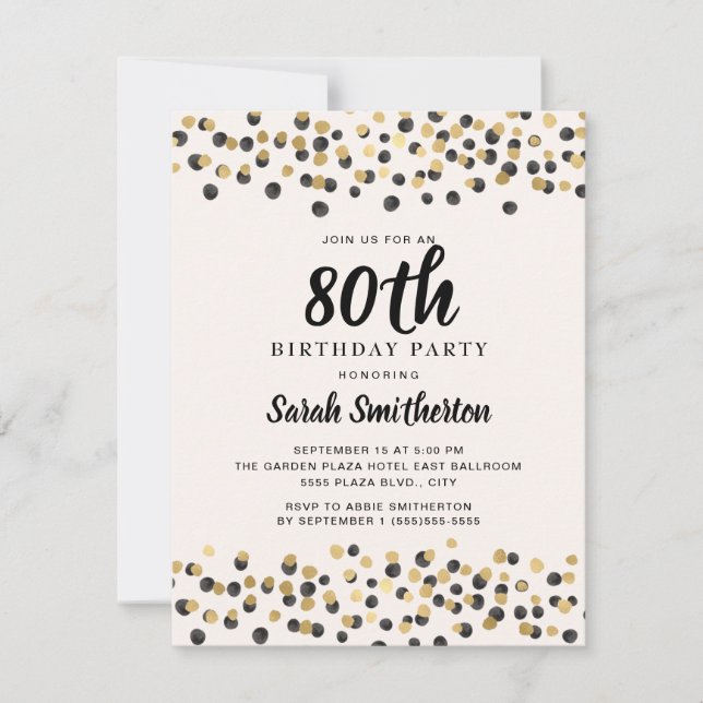 Convite Confetes Brilhantes Preto Dourado Aniversário de 8 (Frente)