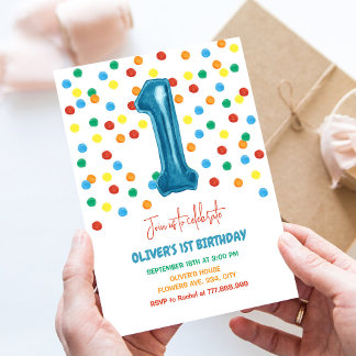Convite Confetes Coloridos Um Balão Aniversário de 1 Ano M