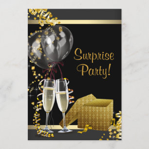 Convite Confetes de Champanhe Festa Surpresa Preto Dourado