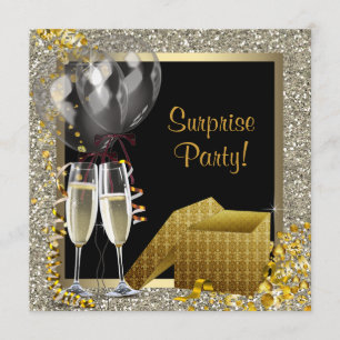 Convite Confetes de Champanhe Festa Surpresa Preto Dourado
