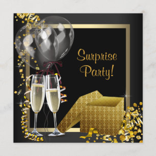 Convite Confetes de Champanhe Festa Surpresa Preto Dourado