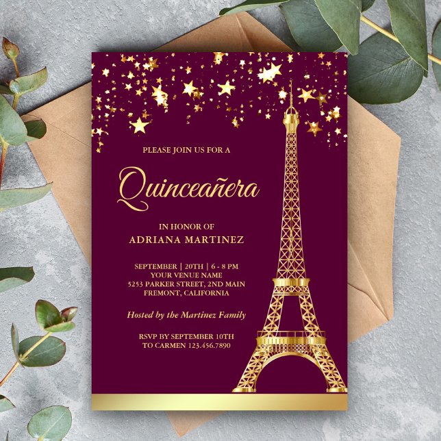 Convite Confetes de Estrelas Torre Eiffel Dourada Quincean (Criador carregado)