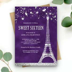 Convite Confetes de Estrelas Torre Eiffel Prata Doze Anos