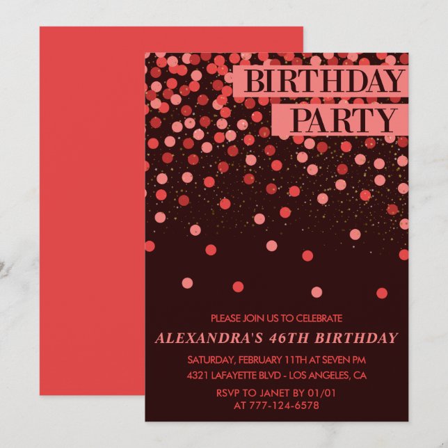 Convite Confetes de Luxo Brilho Glitter para 46º aniversár (Frente/Verso)