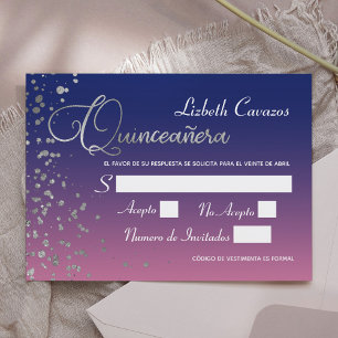 Convite Confetes de prata roxos azuis Quinceanera RSVP de
