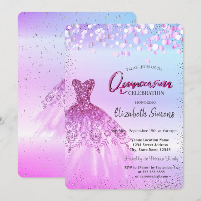 Convite Confetes de Violet Cool, Vestido Quinceañera (Frente/Verso)