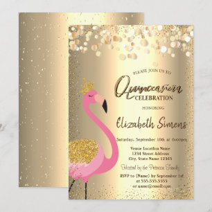 Convite Confetes Dourados,Pink Flamingo Quinceañera