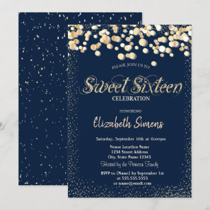 Convite Confetes Dourados Pontos Azul Marinho Sweet 16