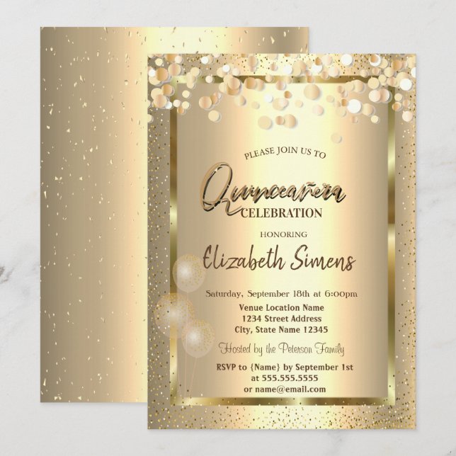 Convite Confetes Dourados Pontos Quadro Balões Quinceañera (Frente/Verso)