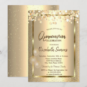 Convite Confetes Dourados Pontos Quadro Balões Quinceañera