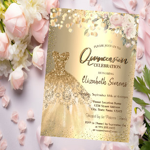 Convite Confetes Dourados Pontos,Vestido,Rosas Quinceañera