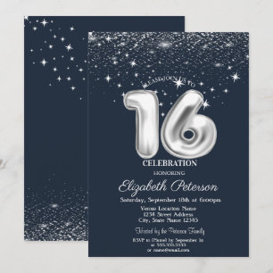 Convite Confetes Elegantes Estrelas Azul-Marinho Sweet 16