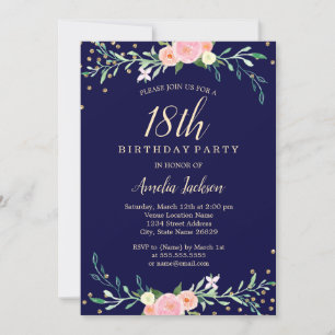 Convite Confetes Navy Sweet Floral Sparkle Aniversário de