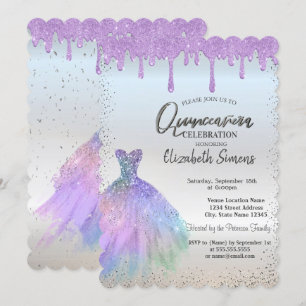 Convite Confetes Pontos, Vestido Azul Gotas Violeta Quince