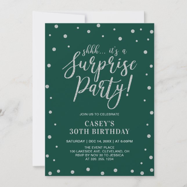 Convite Confetes Prateados & Verde | Surpresa de Aniversár (Frente)