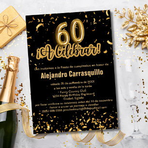 Convite Confetes Preto e Dourado Fancy Espanhol Aniversári