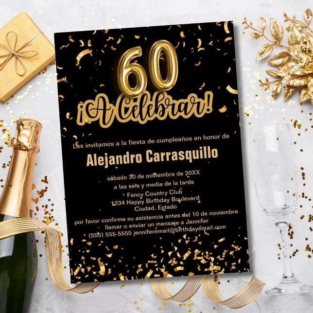Convite Confetes Preto e Dourado Fancy Espanhol Aniversári (Criador carregado)