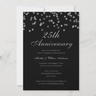 Convite Confetes Preto e Prata 25º Aniversário de Casament