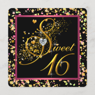 Convite Confetes Rosa e Preto Sweet Sixteen