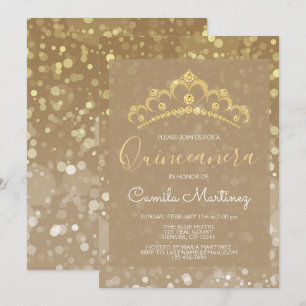 Convite Confetes Sparkly Dourados Quinceanera com tiara