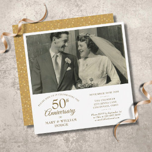 Convite Confeti de Coração Dourado Foto Casamento 50º Aniv