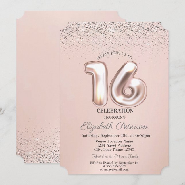 Convite Confeti Elegante e Moderno Sweet 16 (Frente/Verso)