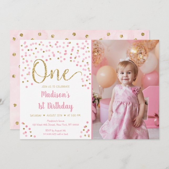 Convite Confetti Água Confetti Dourada Rosa Primeiro Convi (Frente/Verso)