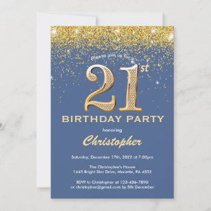 Convite Confetti Azul-aniversário de 21 anos e Glitter Dou