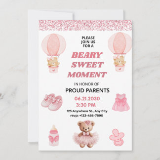 CONVITE CONFETTI, BEARY SWEET MOMENT GIRL 5X7 BABY SHOWER