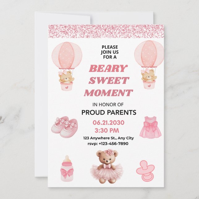 CONVITE CONFETTI, BEARY SWEET MOMENT GIRL 5X7 BABY SHOWER (Frente)