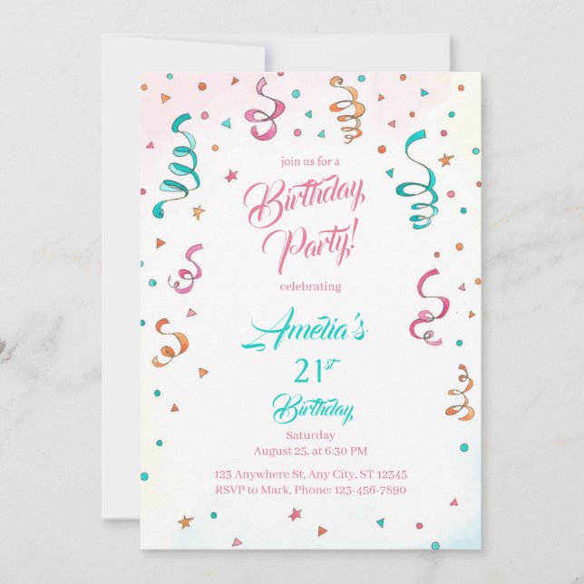 Convite Confetti Birthday Invitation template editable (Frente)