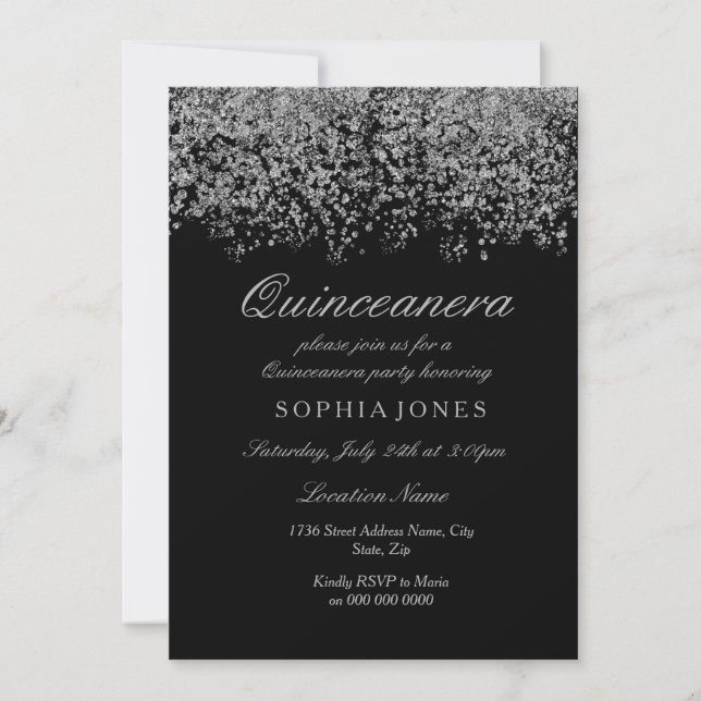 Convite Confetti Black Quinceanera Confetti Glitter Silver (Frente)