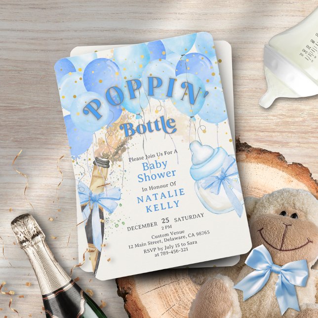 Convite Confetti Blue Balloon Poppin' Botles Chá de fralda (Confetti Blue Balloon Poppin' Bottles Baby Shower Invitation )