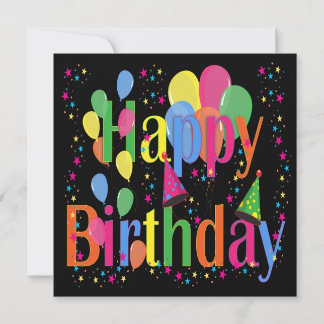 Convite Confetti, Chapéus do Partido e Balões - Fundo Negr (Frente)