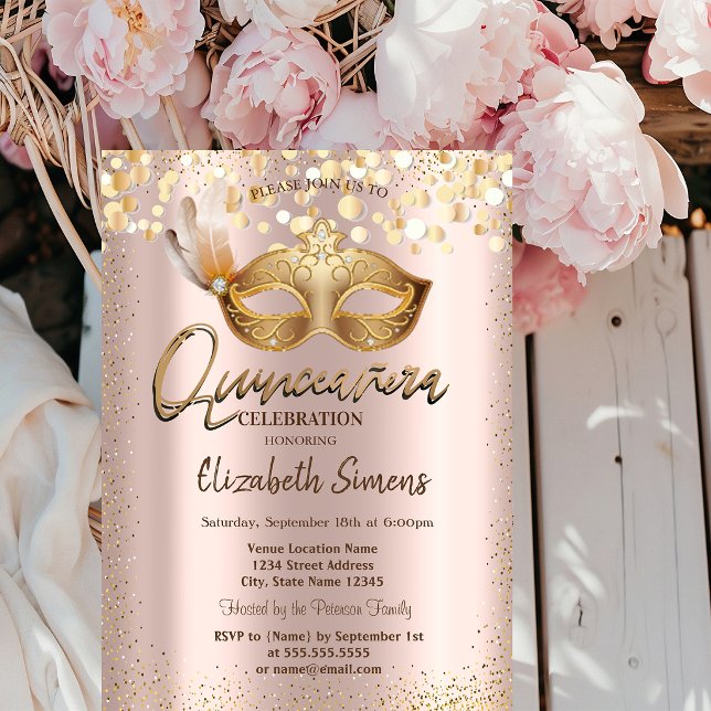 Convite Confetti Chic Masque Rosa Dourado Quinceañera (Criador carregado)