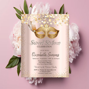 Convite Confetti Chic Masque Rosa Dourado Sweet 16