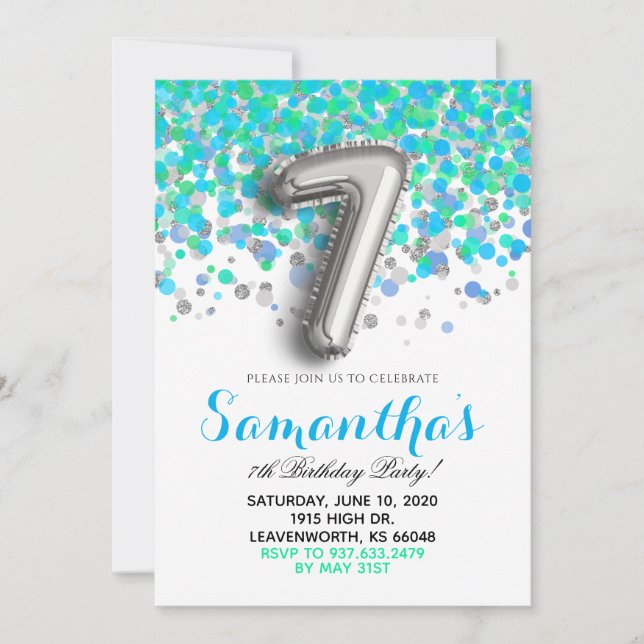 Convite Confetti de Aniversário de 7 (Frente)