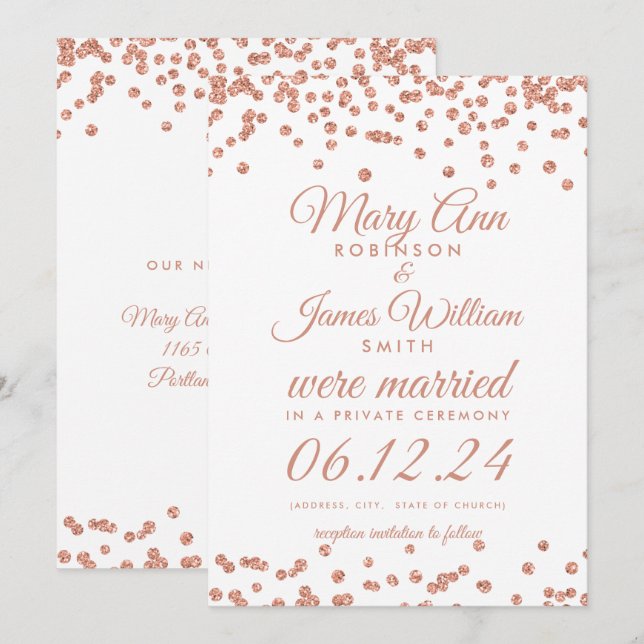 Convite Confetti de Glitter Dourado com Rosa de Elopemento (Frente/Verso)