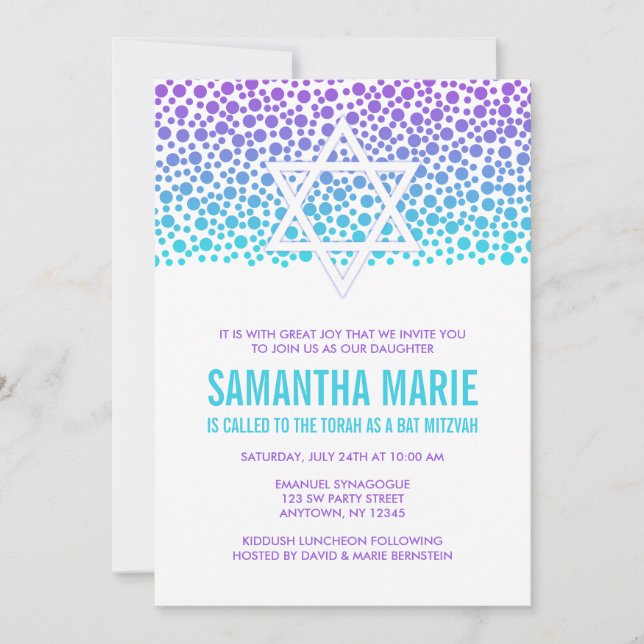 Convite Confetti Dots Purple Teal Bat Mitzvah (Frente)