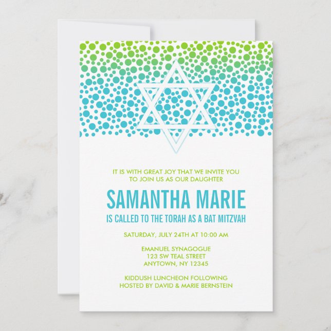 Convite Confetti Dots Teal Verde limão Bat Mitzvah (Frente)