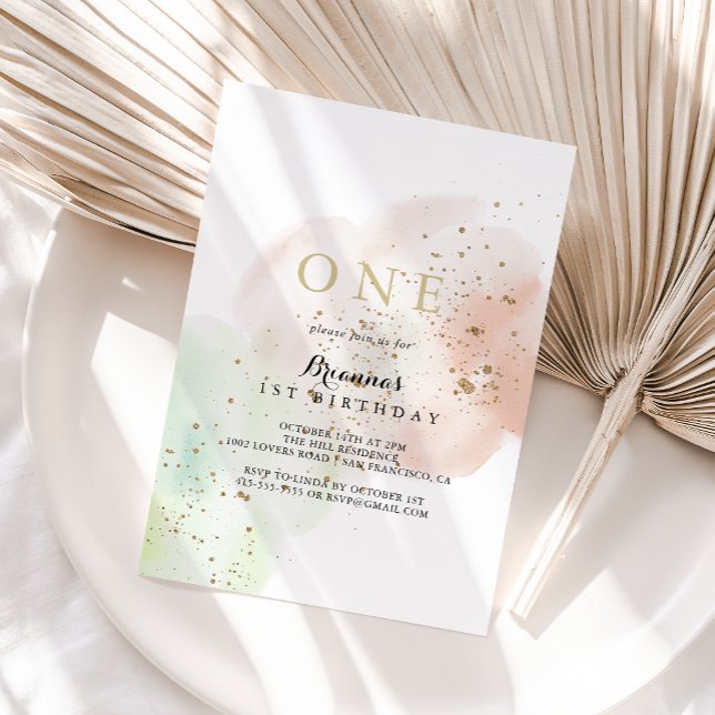 Convite Confetti Dourada de Aquarela Primeira Festa de ani (Criador carregado)